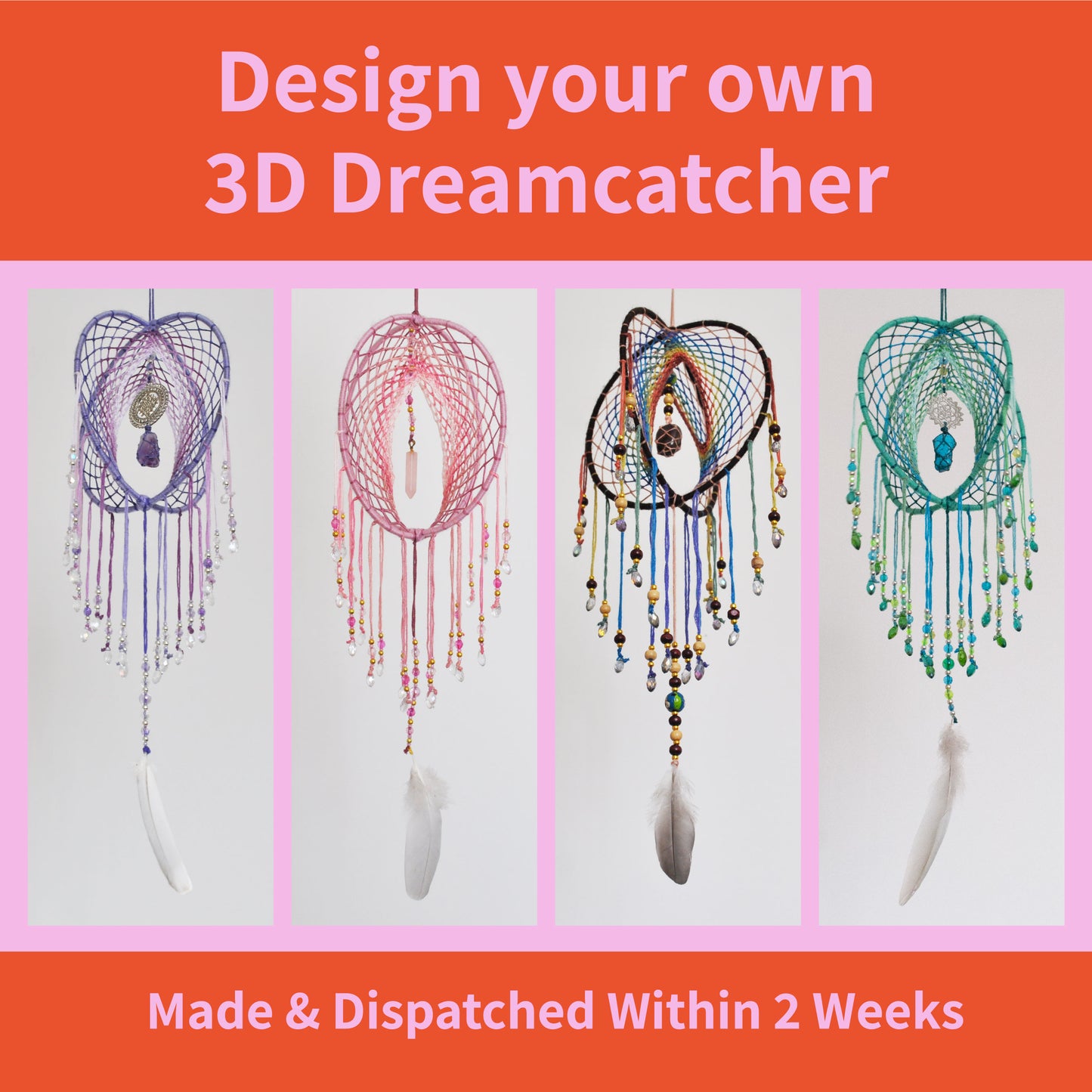 Custom 3D Dreamcatcher: Your own double dreamcatcher with feathers, crystals and sacred geometry charms