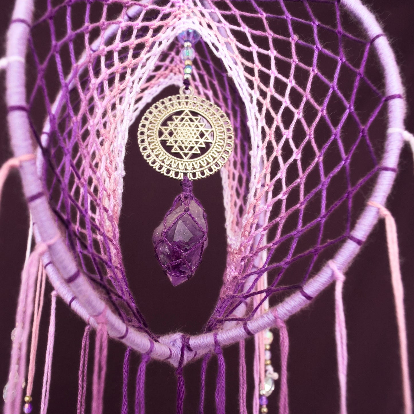 6" Amethyst & Sri Yantra Sacred Geometry Lilac 3D Dreamcatcher