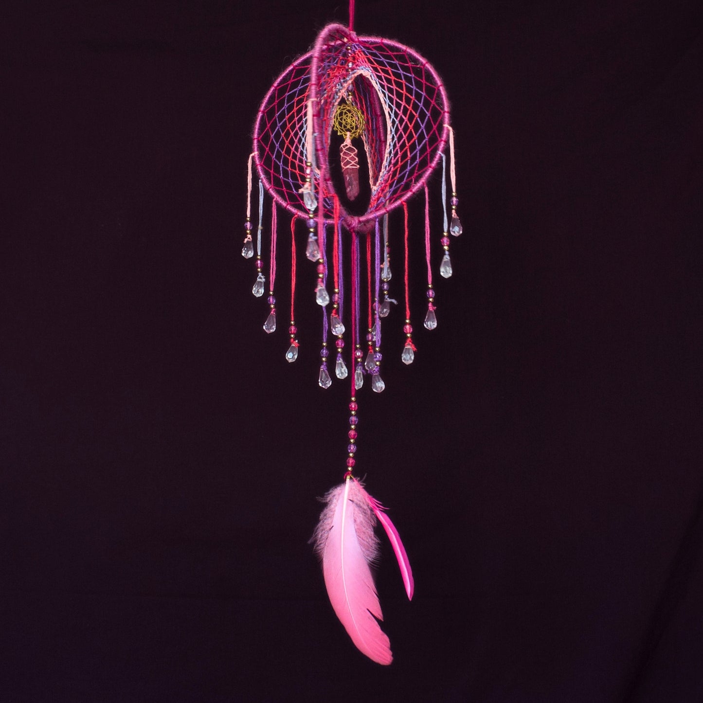 6" Pink & Purple Dreamcatcher Mobile / Ruby Quartz Point 3D Dream Catcher Mobile