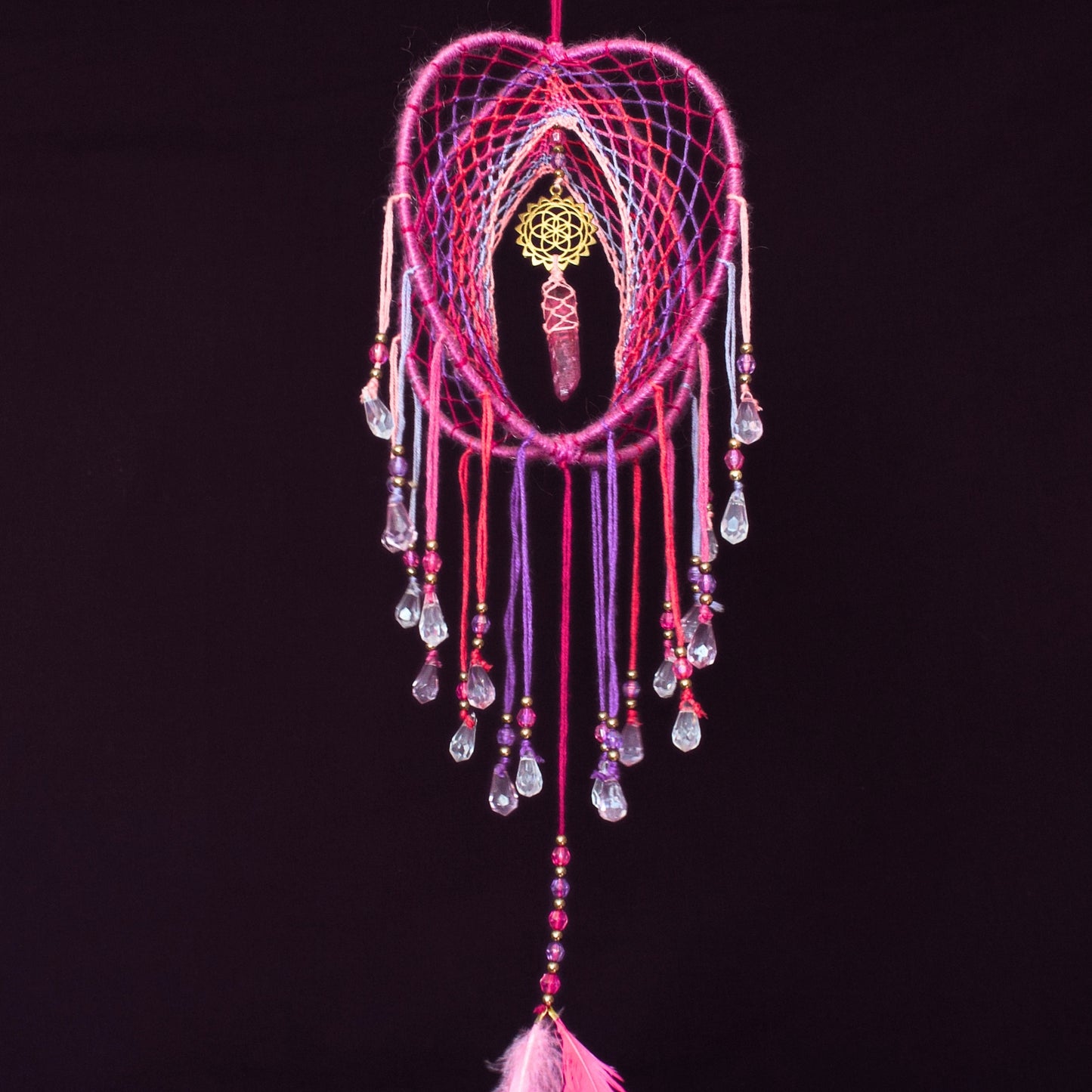 6" Pink & Purple Dreamcatcher Mobile / Ruby Quartz Point 3D Dream Catcher Mobile