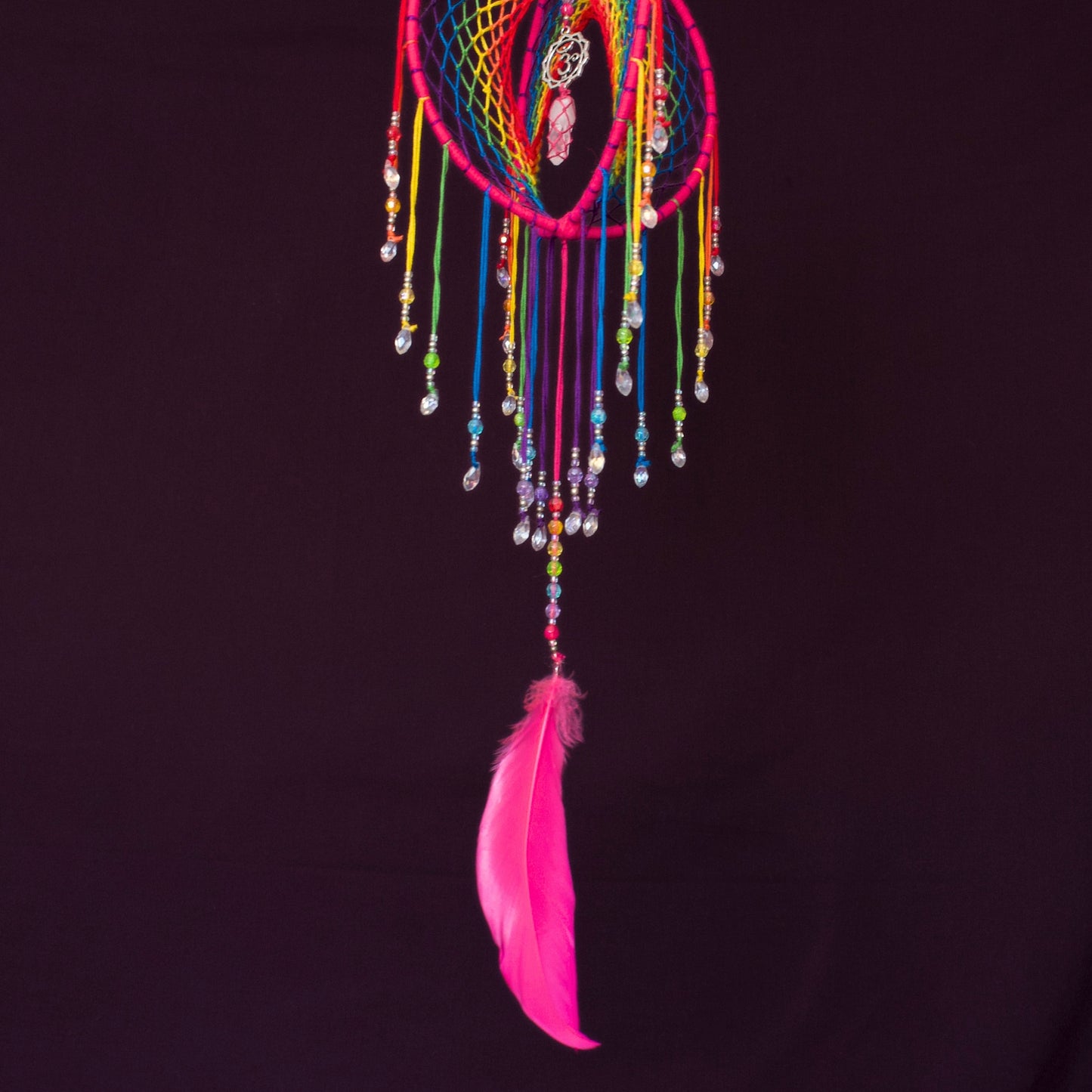 6" Pink Rainbow Clear Quartz & Om 3D Dreamcatcher / Crystal Point Dream Catcher Mobile