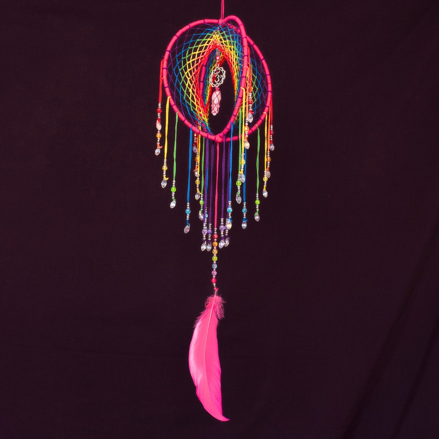 6" Pink Rainbow Clear Quartz & Om 3D Dreamcatcher / Crystal Point Dream Catcher Mobile