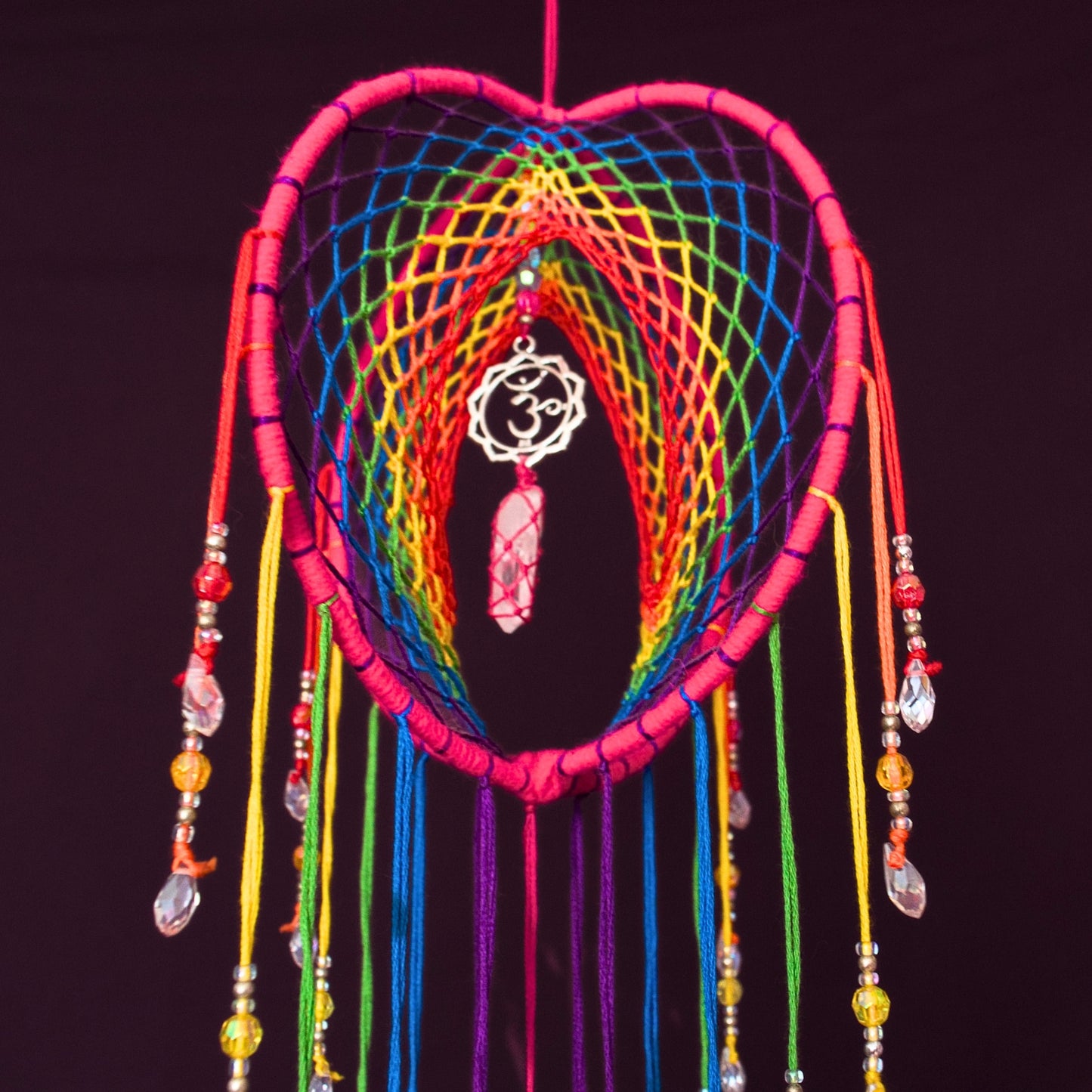 6" Pink Rainbow Clear Quartz & Om 3D Dreamcatcher / Crystal Point Dream Catcher Mobile