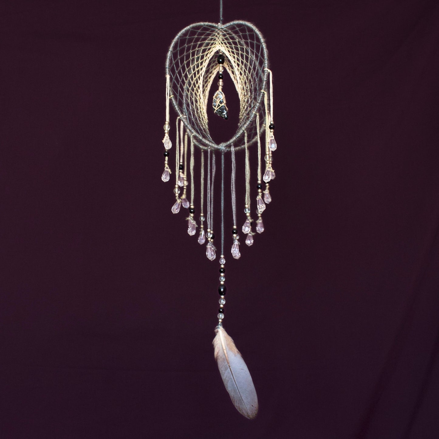 6" Grey Dendritic Agate 3D Dreamcatcher / Crystal Double Dream Catcher Mobile