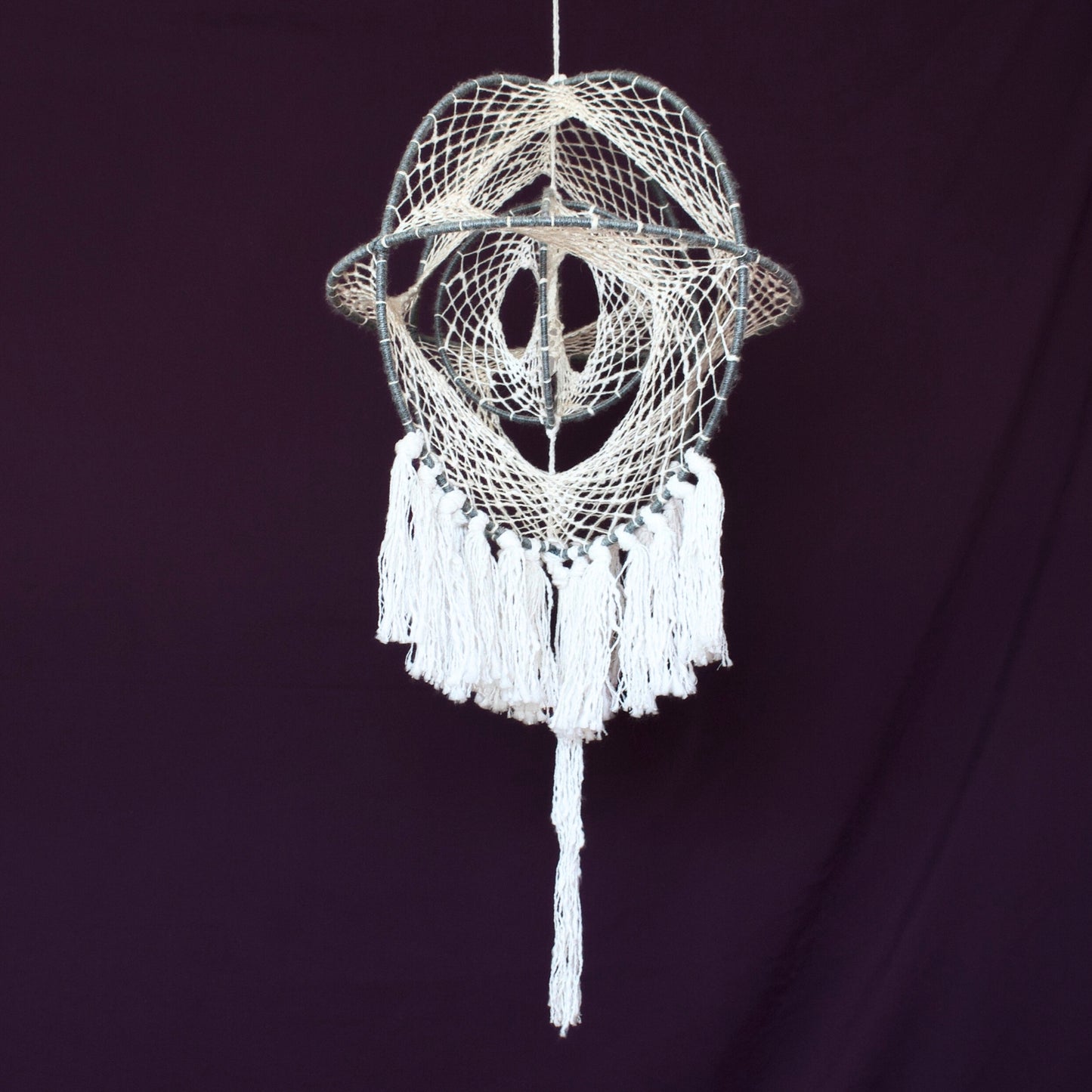 Large 12" Celestial Clear Quartz Point Grey & White Neutral 3D Dreamcatcher Mobile