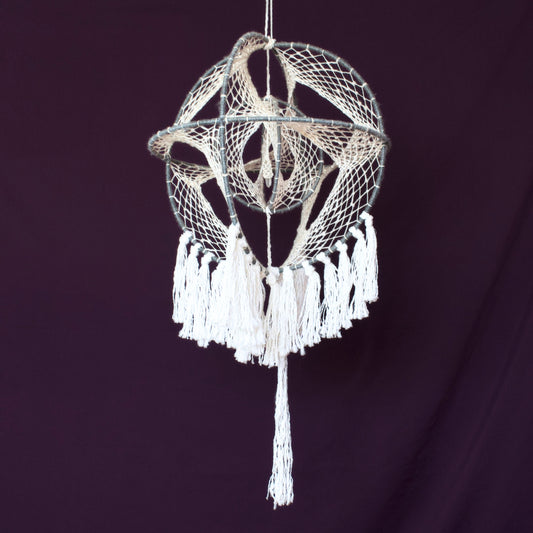 Large 12" Celestial Clear Quartz Point Grey & White Neutral 3D Dreamcatcher Mobile