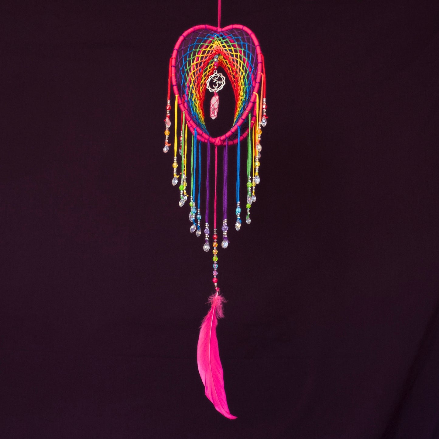 6" Pink Rainbow Clear Quartz & Om 3D Dreamcatcher / Crystal Point Dream Catcher Mobile