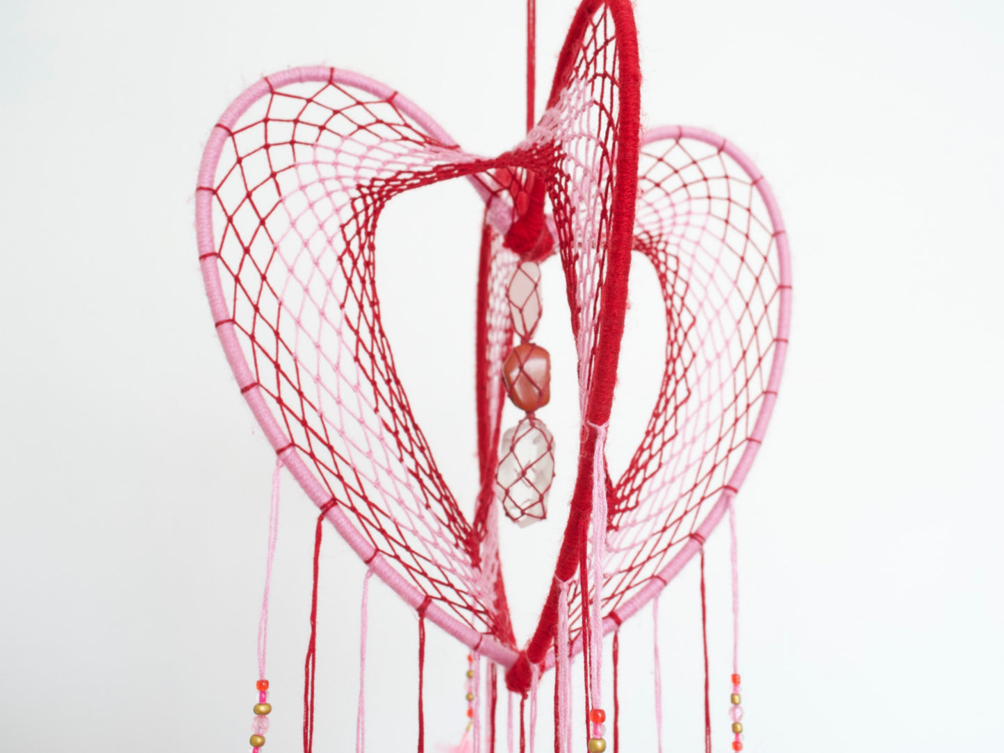 Large Pink and Red 3D Heart-Shaped Dreamcatcher / 9" Crystal Heartcatcher