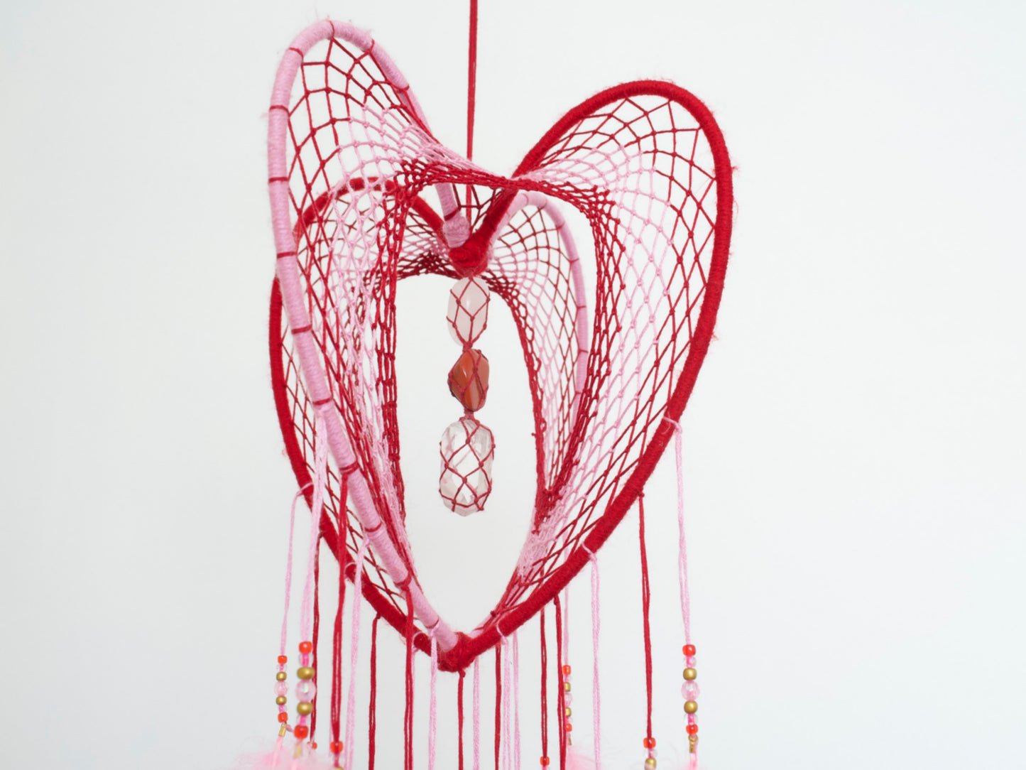 Large Pink and Red 3D Heart-Shaped Dreamcatcher / 9" Crystal Heartcatcher