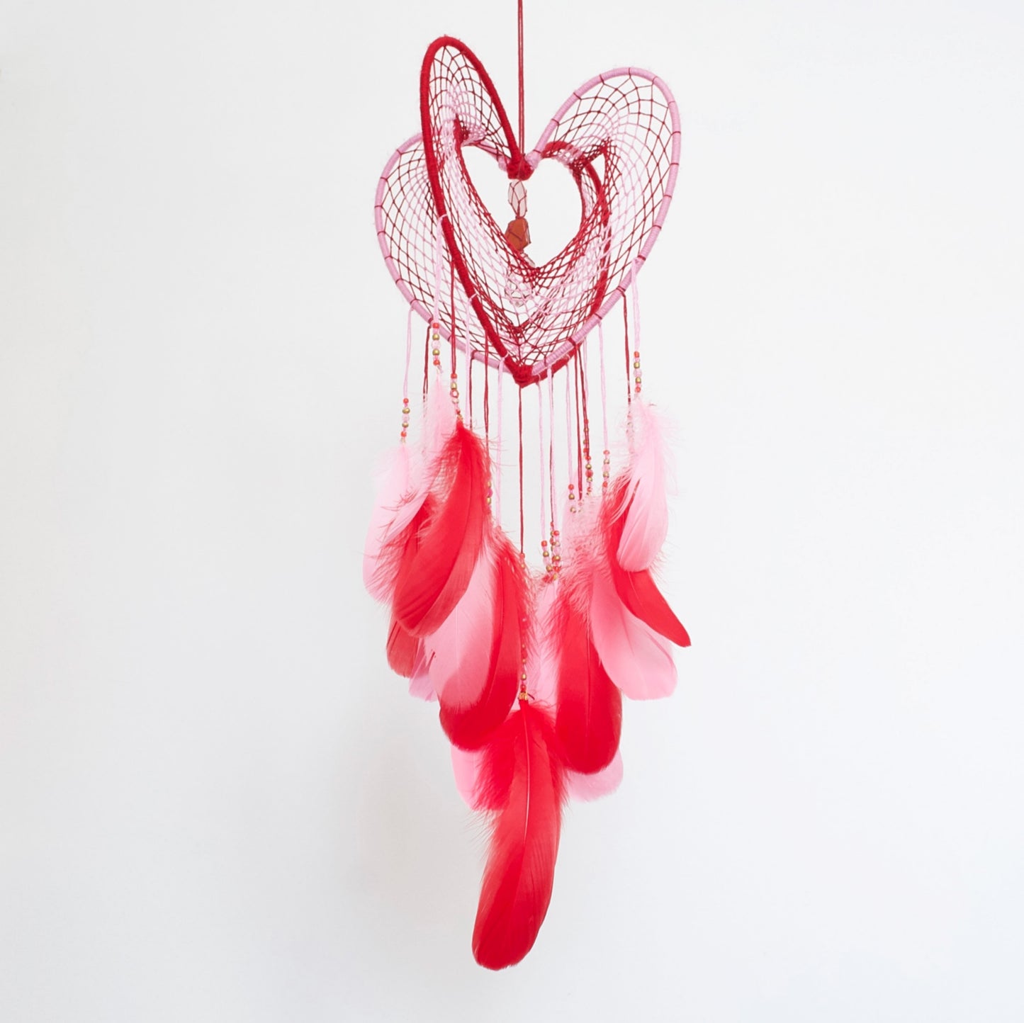 Large Pink and Red 3D Heart-Shaped Dreamcatcher / 9" Crystal Heartcatcher