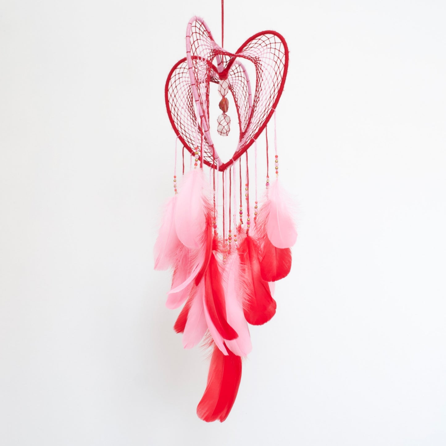 Large Pink and Red 3D Heart-Shaped Dreamcatcher / 9" Crystal Heartcatcher