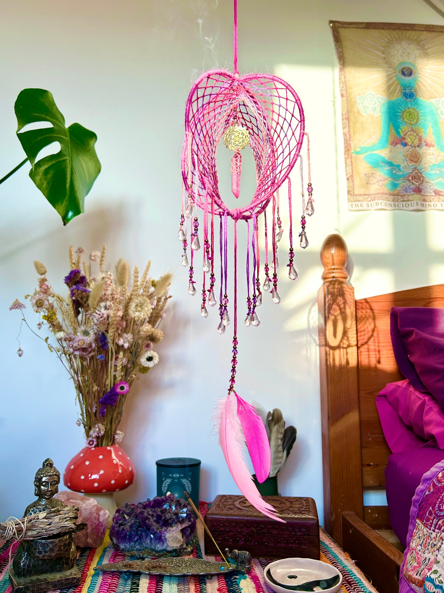 6" Pink & Purple Dreamcatcher Mobile / Ruby Quartz Point 3D Dream Catcher Mobile