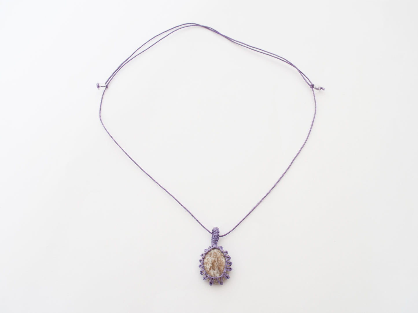 Ayaka Cream Agate Crystal Pendant Macrame Wrap Necklace / Knotted in Purple Cotton on Adjustable Length Chord