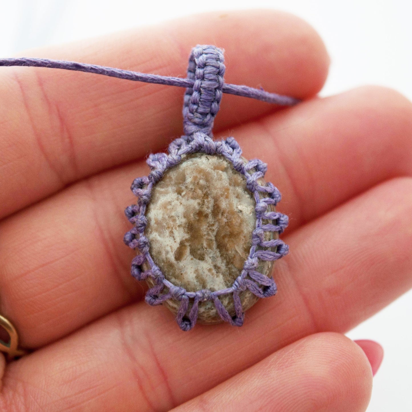 Ayaka Cream Agate Crystal Pendant Macrame Wrap Necklace / Knotted in Purple Cotton on Adjustable Length Chord