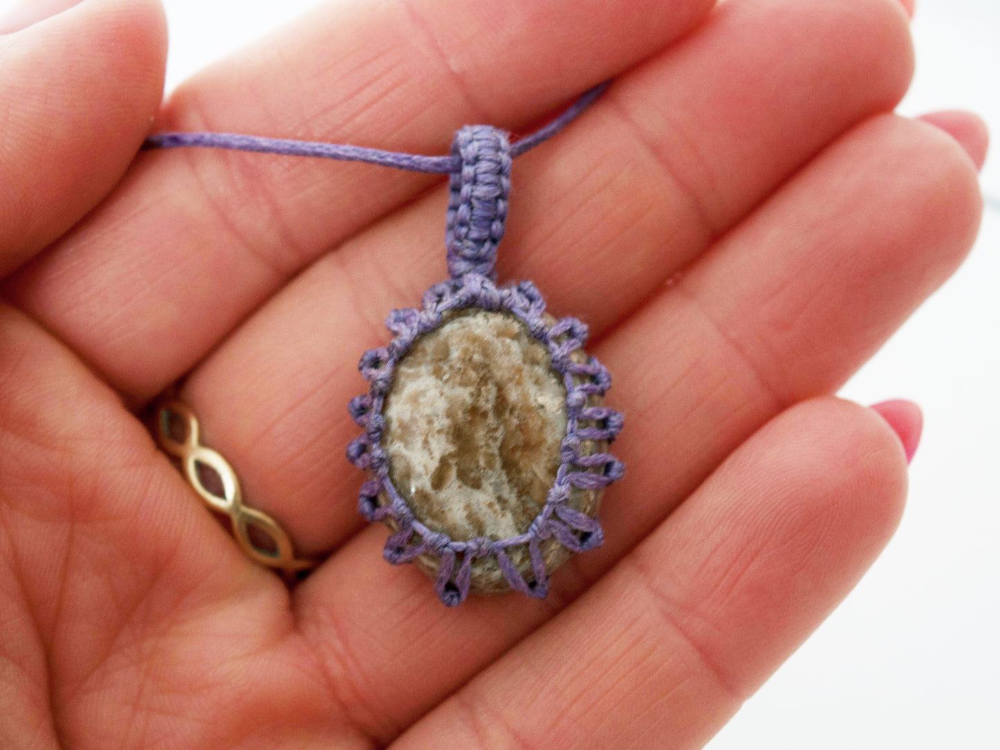 Ayaka Cream Agate Crystal Pendant Macrame Wrap Necklace / Knotted in Purple Cotton on Adjustable Length Chord