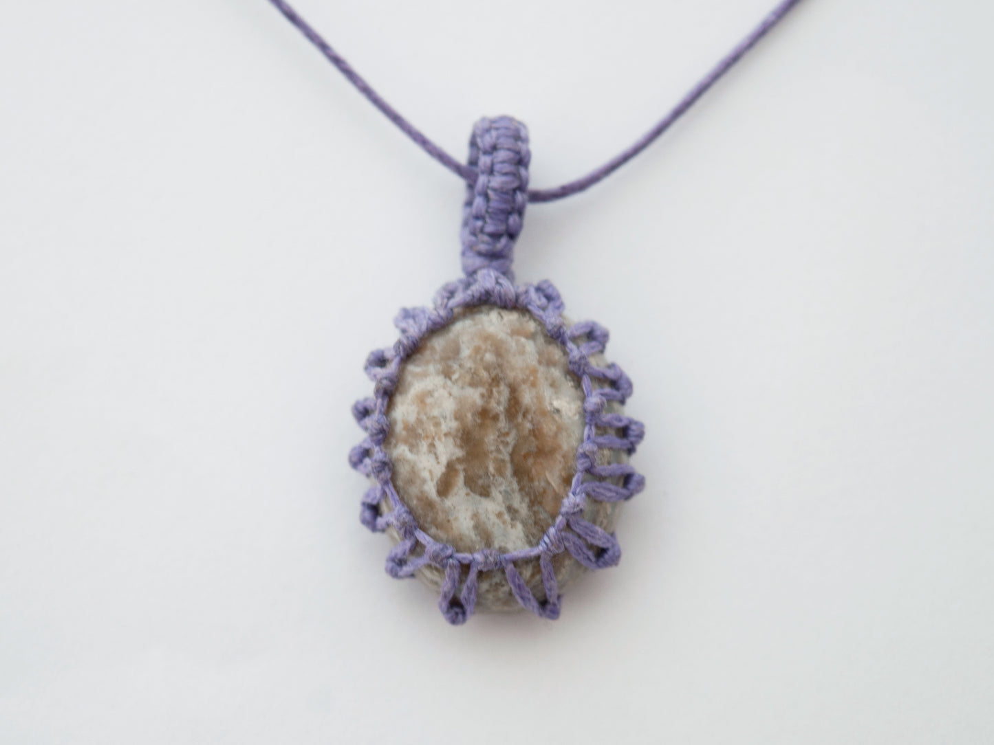 Ayaka Cream Agate Crystal Pendant Macrame Wrap Necklace / Knotted in Purple Cotton on Adjustable Length Chord