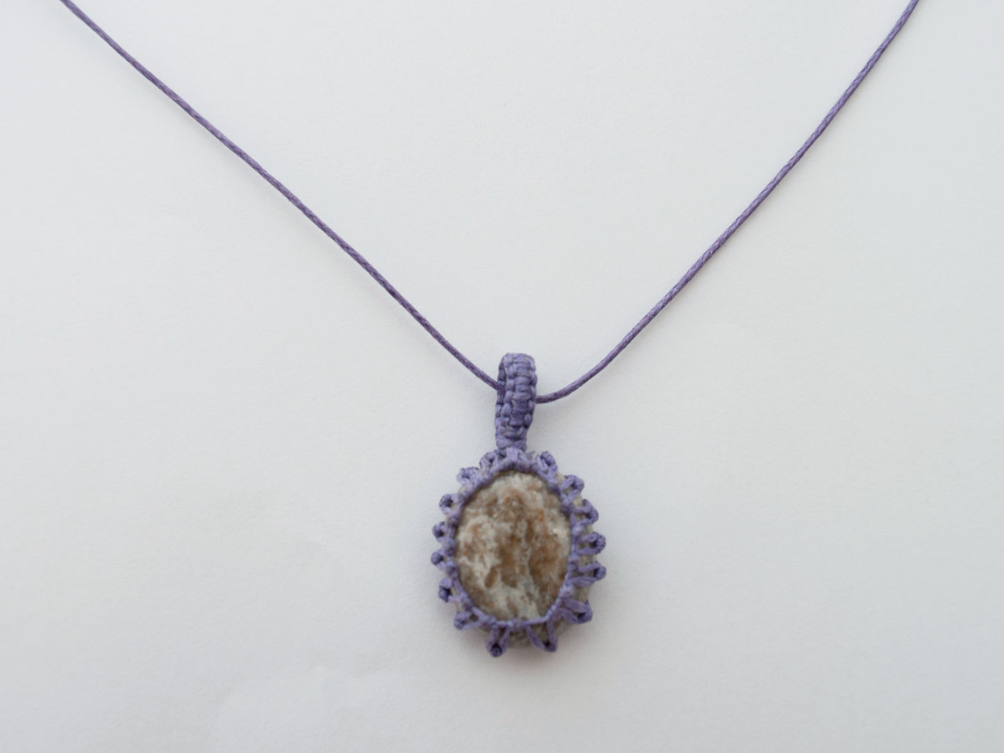 Ayaka Cream Agate Crystal Pendant Macrame Wrap Necklace / Knotted in Purple Cotton on Adjustable Length Chord