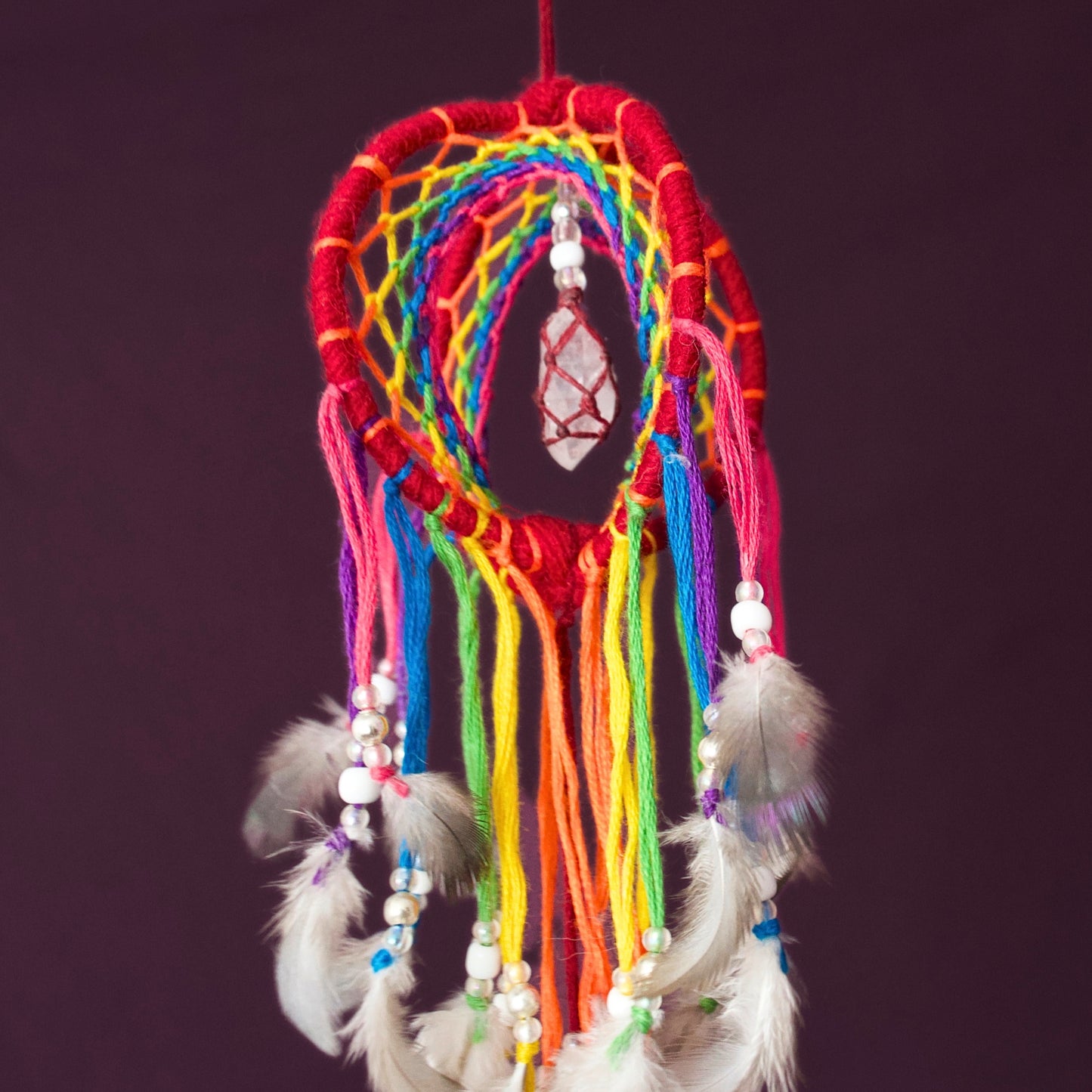 Mini Rainbow 3D Dreamcatcher with Clear Quartz Crystal Point