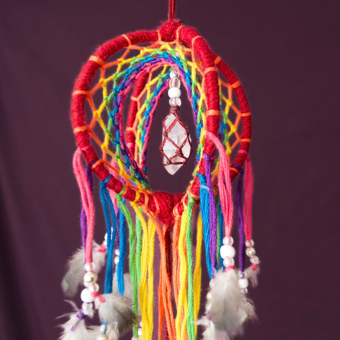 Mini Rainbow 3D Dreamcatcher with Clear Quartz Crystal Point