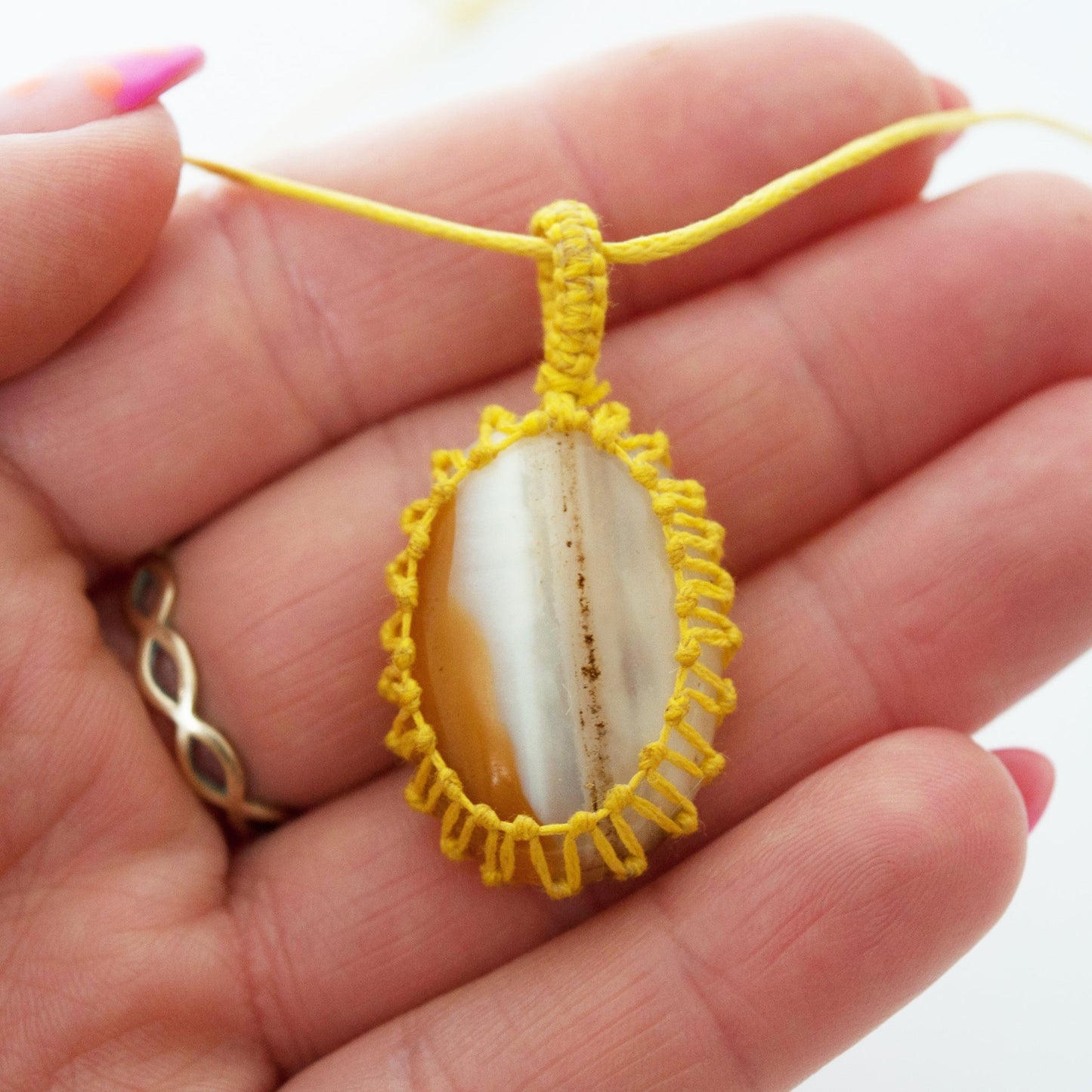 Orange Agate Crystal Pendant Macrame Wrap Necklace / Knotted in Yellow Cotton on Adjustable Length Chord