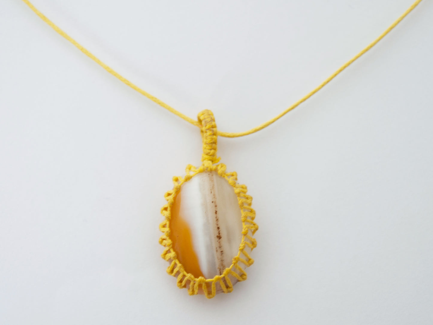 Orange Agate Crystal Pendant Macrame Wrap Necklace / Knotted in Yellow Cotton on Adjustable Length Chord