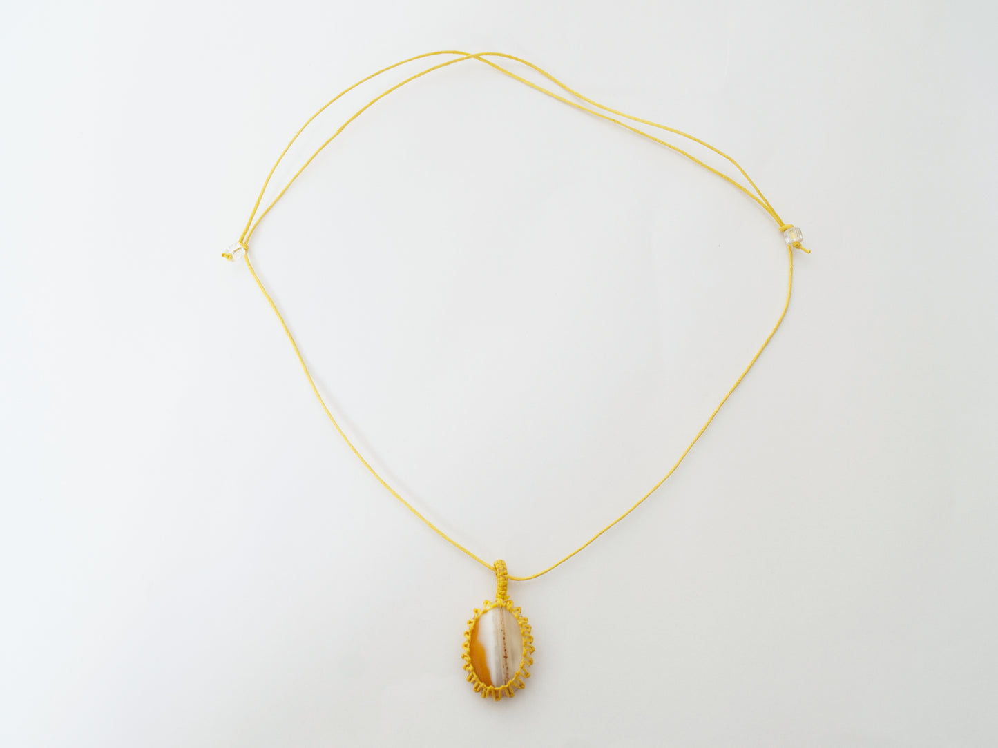 Orange Agate Crystal Pendant Macrame Wrap Necklace / Knotted in Yellow Cotton on Adjustable Length Chord