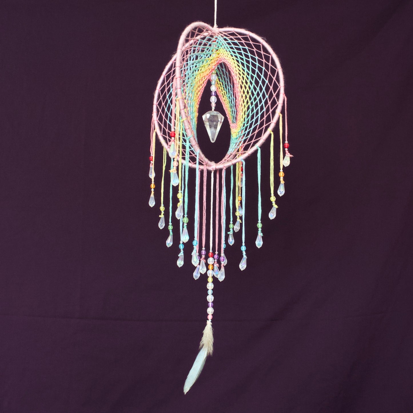 7" Pastel Rainbow Clear Quartz Crystal Pendulum Point 3D Dreamcatcher Mobile