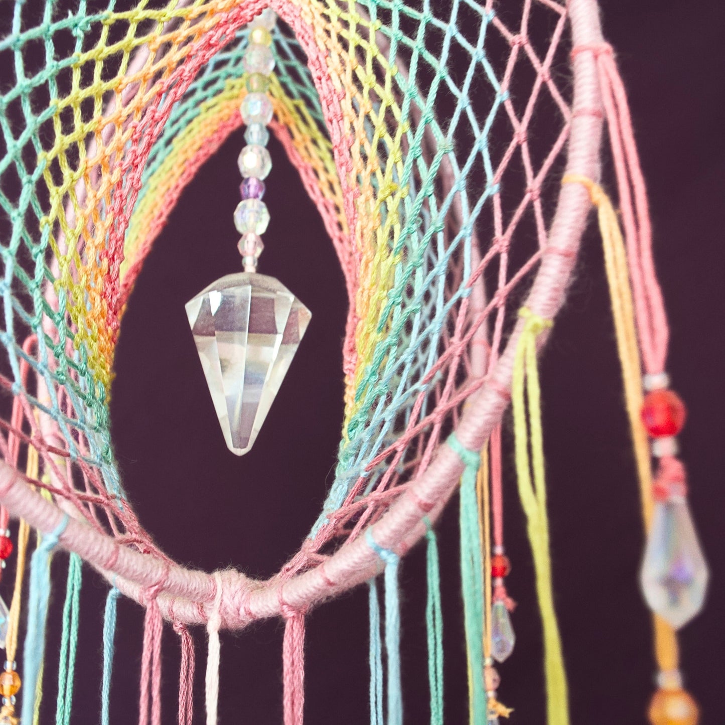 7" Pastel Rainbow Clear Quartz Crystal Pendulum Point 3D Dreamcatcher Mobile