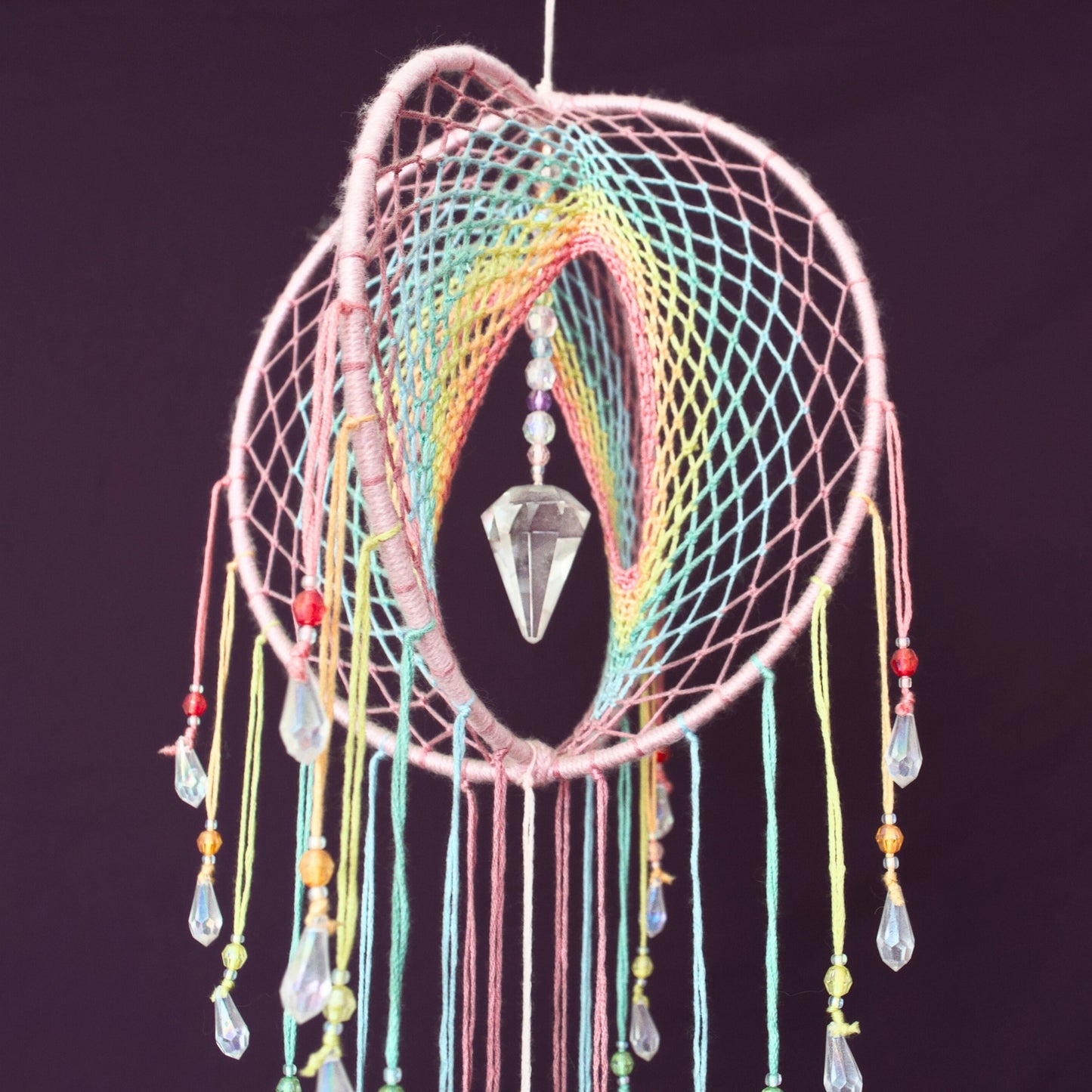 7" Pastel Rainbow Clear Quartz Crystal Pendulum Point 3D Dreamcatcher Mobile