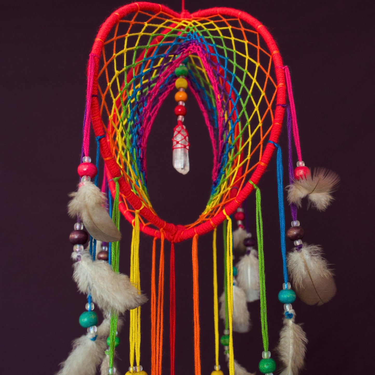 6" Rainbow Dreamcatcher Mobile with Clear Quartz Crystal Point - Channeling Light & Sweet Dreams