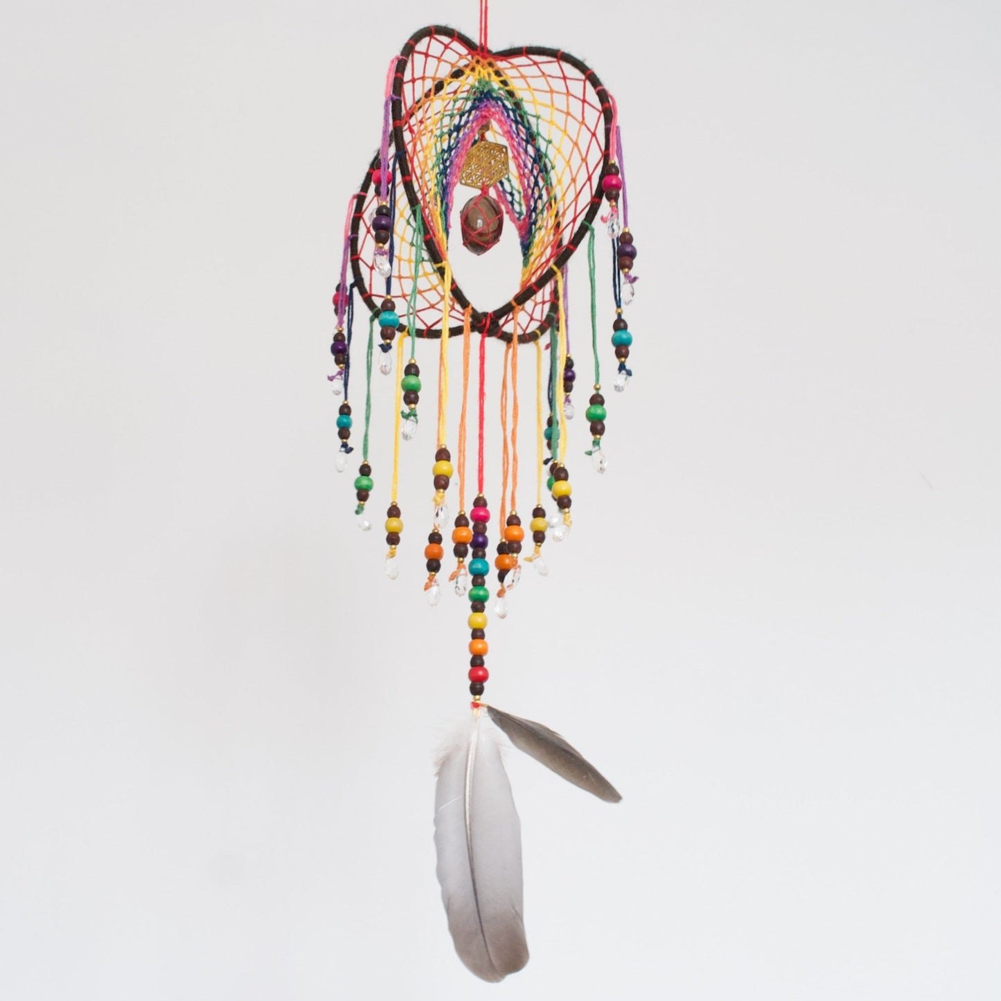 6" Smoky Quartz Earthy Rainbow 3D Dreamcatcher Mobile / Crystal Flower of Life Double Dream Catcher