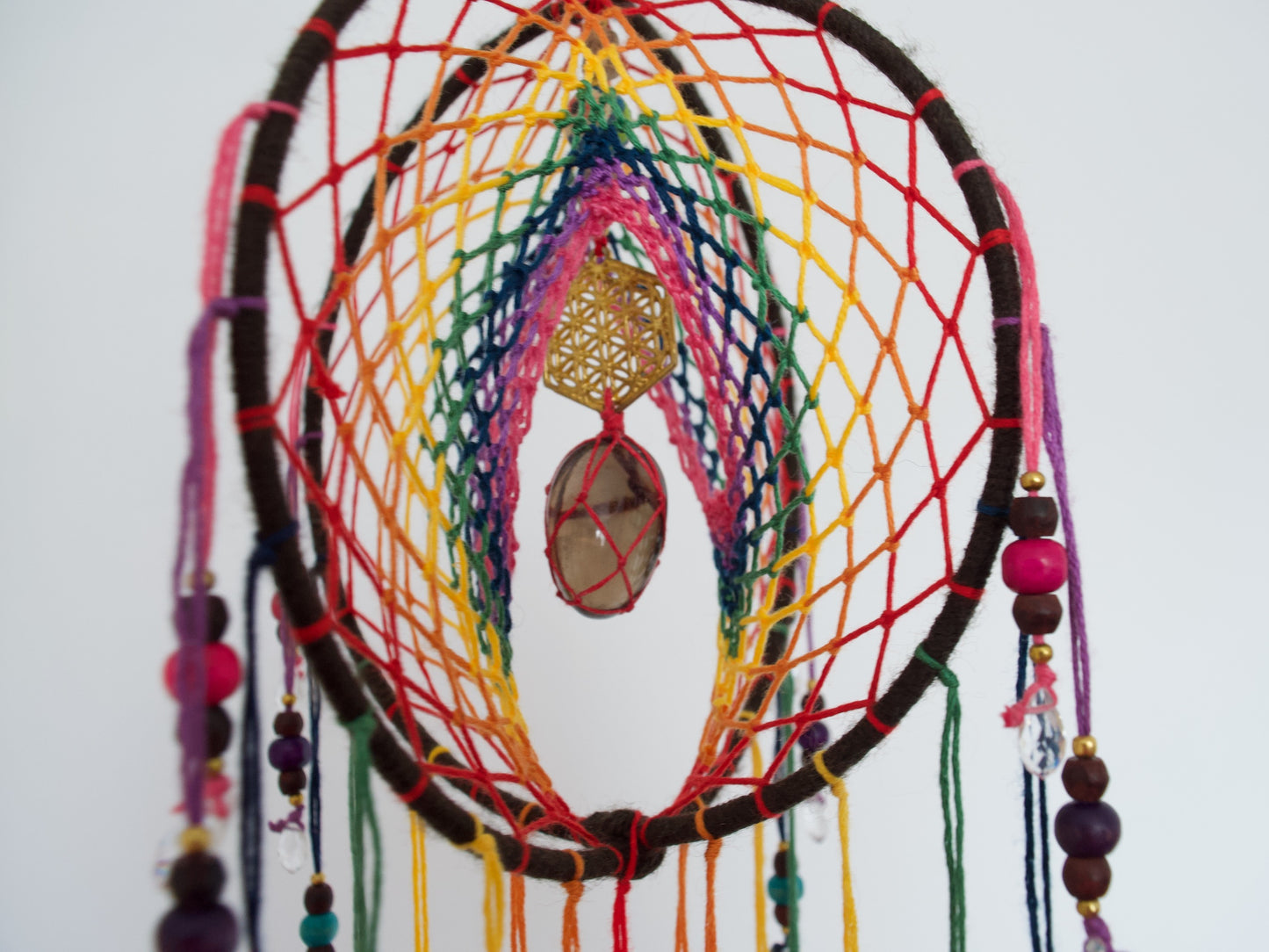 6" Smoky Quartz Earthy Rainbow 3D Dreamcatcher Mobile / Crystal Flower of Life Double Dream Catcher