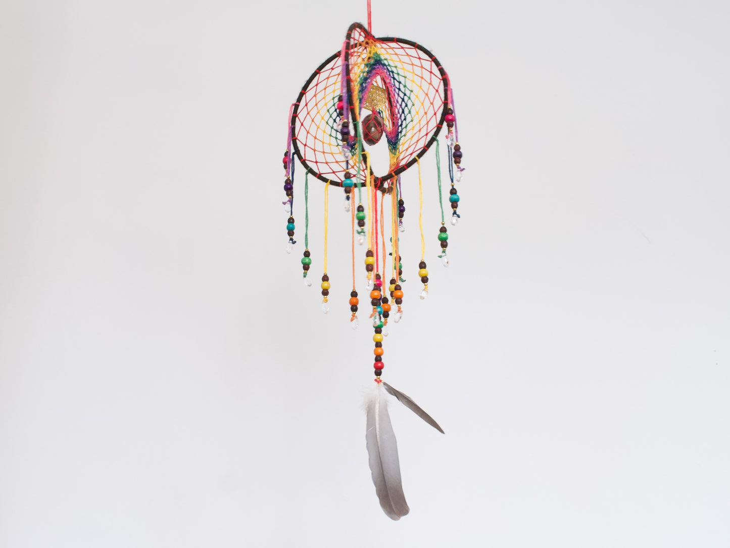 6" Smoky Quartz Earthy Rainbow 3D Dreamcatcher Mobile / Crystal Flower of Life Double Dream Catcher