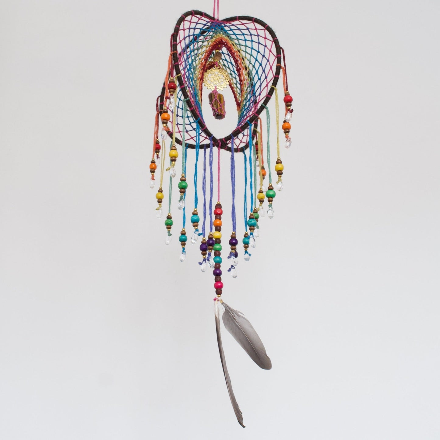 6" Tigers Eye Earthy Rainbow 3D Dreamcatcher Mobile / Crystal Seed of Life Double Dream Catcher