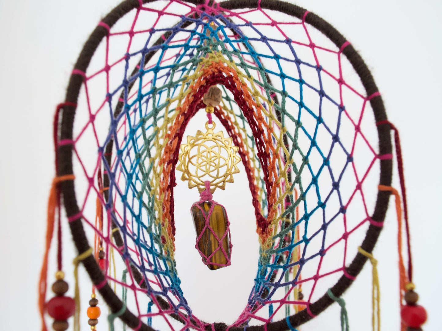 6" Tigers Eye Earthy Rainbow 3D Dreamcatcher Mobile / Crystal Seed of Life Double Dream Catcher