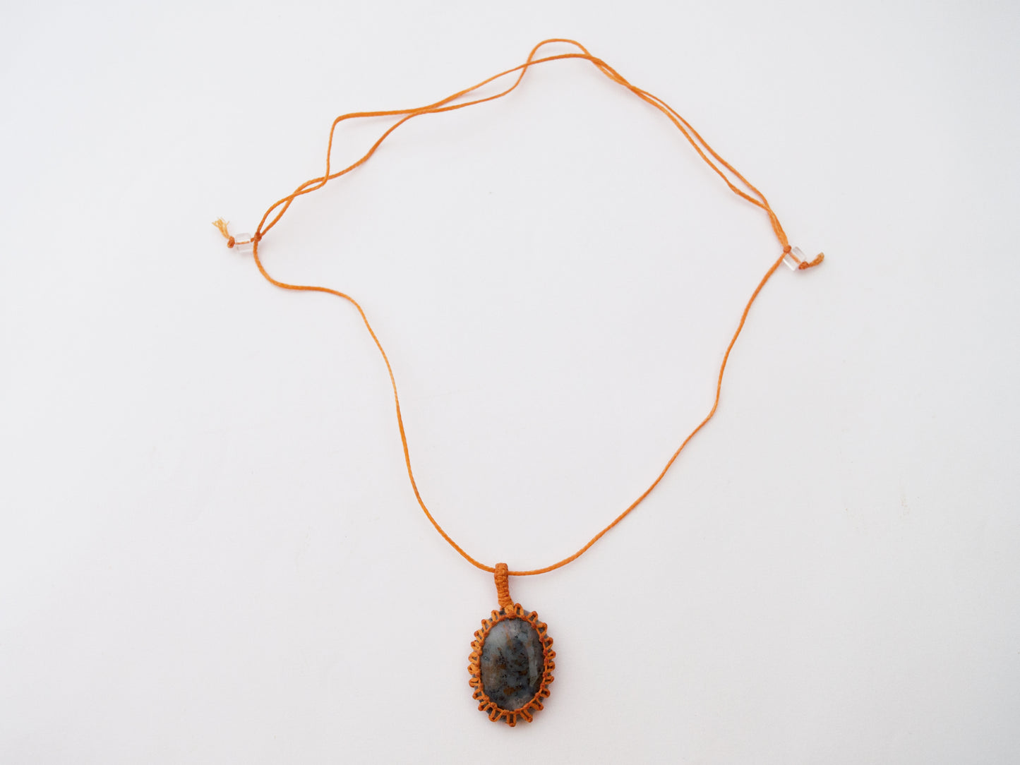 Dendritic Agate Crystal Pendant Macrame Wrap Necklace / Knotted in Orange Cotton on Adjustable Length Chord