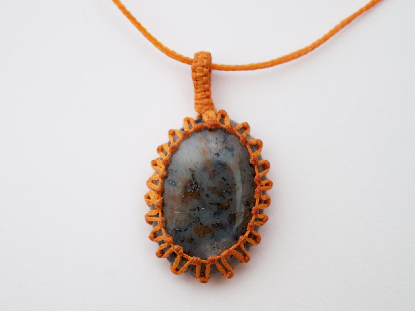 Dendritic Agate Crystal Pendant Macrame Wrap Necklace / Knotted in Orange Cotton on Adjustable Length Chord