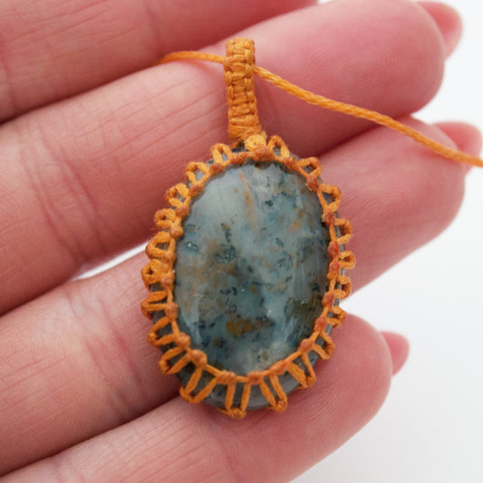 Dendritic Agate Crystal Pendant Macrame Wrap Necklace / Knotted in Orange Cotton on Adjustable Length Chord