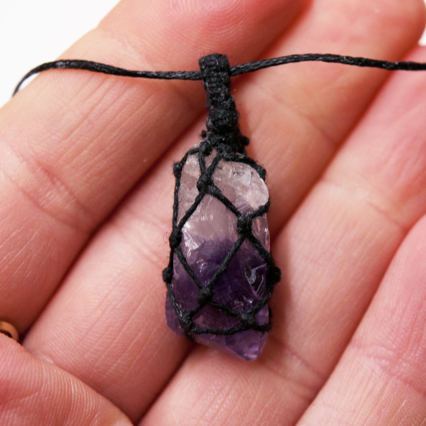 Amethyst Point Crystal Pendant / Macrame Wrap Chord Necklace / Knotted in Black Cotton on Adjustable Length Chord