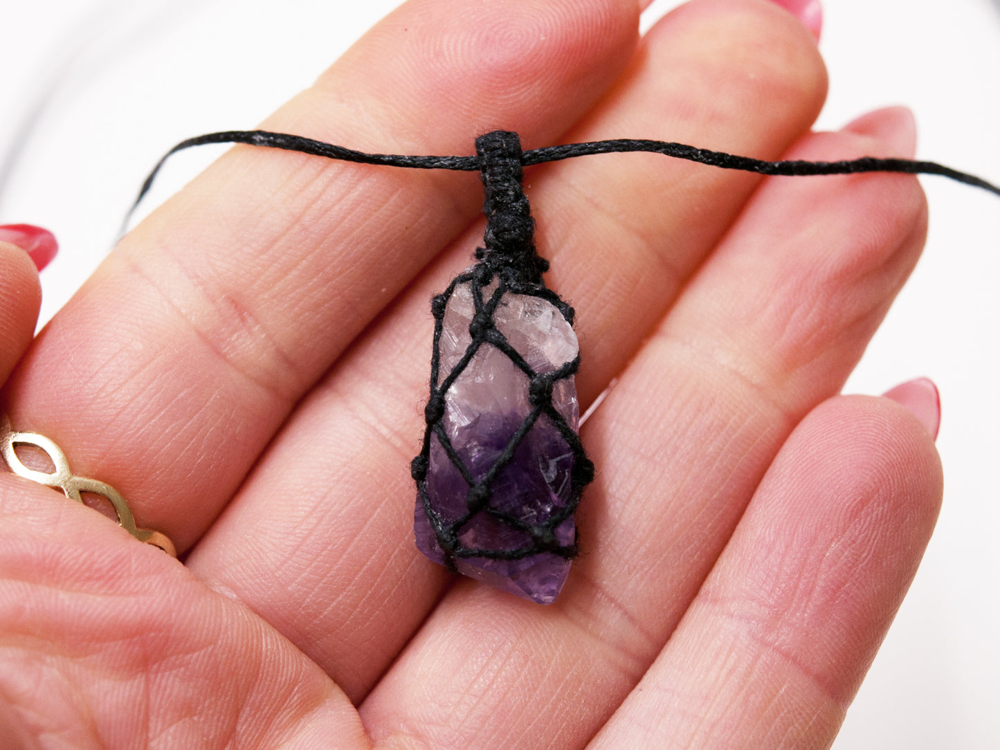 Amethyst Point Crystal Pendant / Macrame Wrap Chord Necklace / Knotted in Black Cotton on Adjustable Length Chord