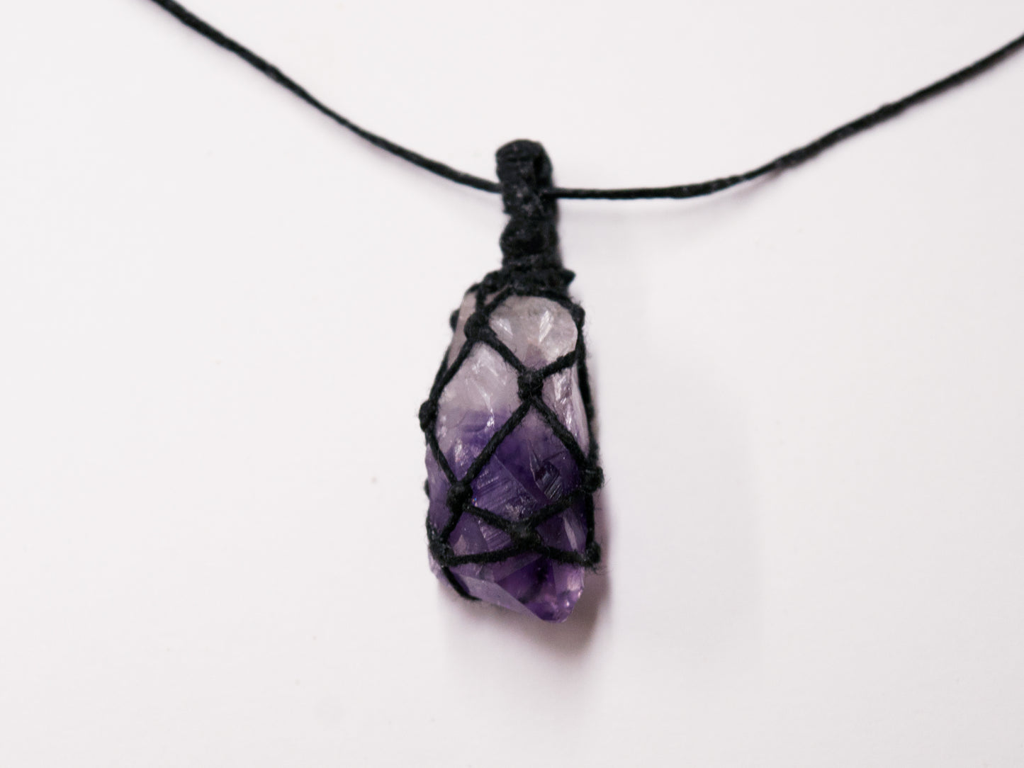 Amethyst Point Crystal Pendant / Macrame Wrap Chord Necklace / Knotted in Black Cotton on Adjustable Length Chord