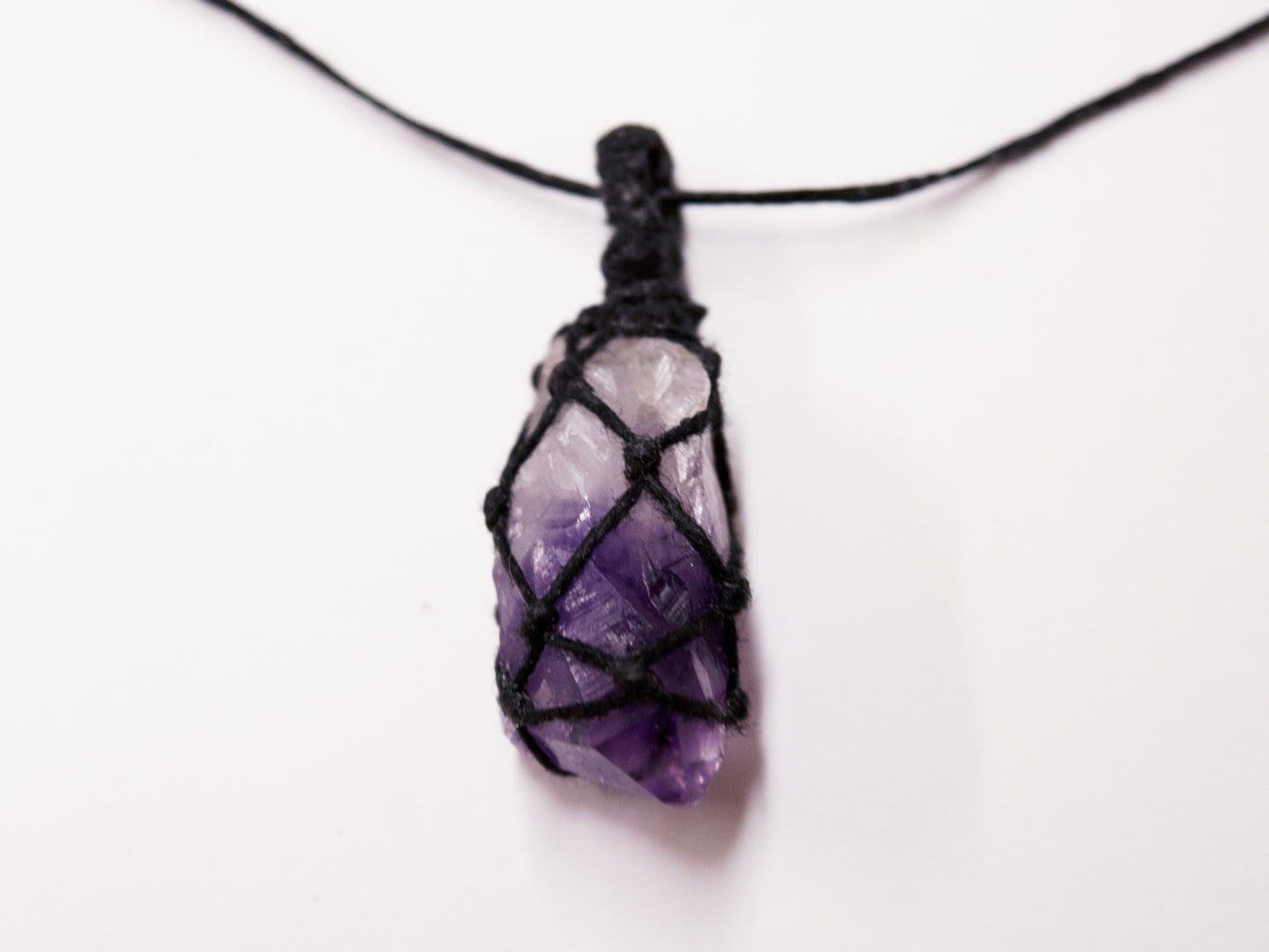 Amethyst Point Crystal Pendant / Macrame Wrap Chord Necklace / Knotted in Black Cotton on Adjustable Length Chord