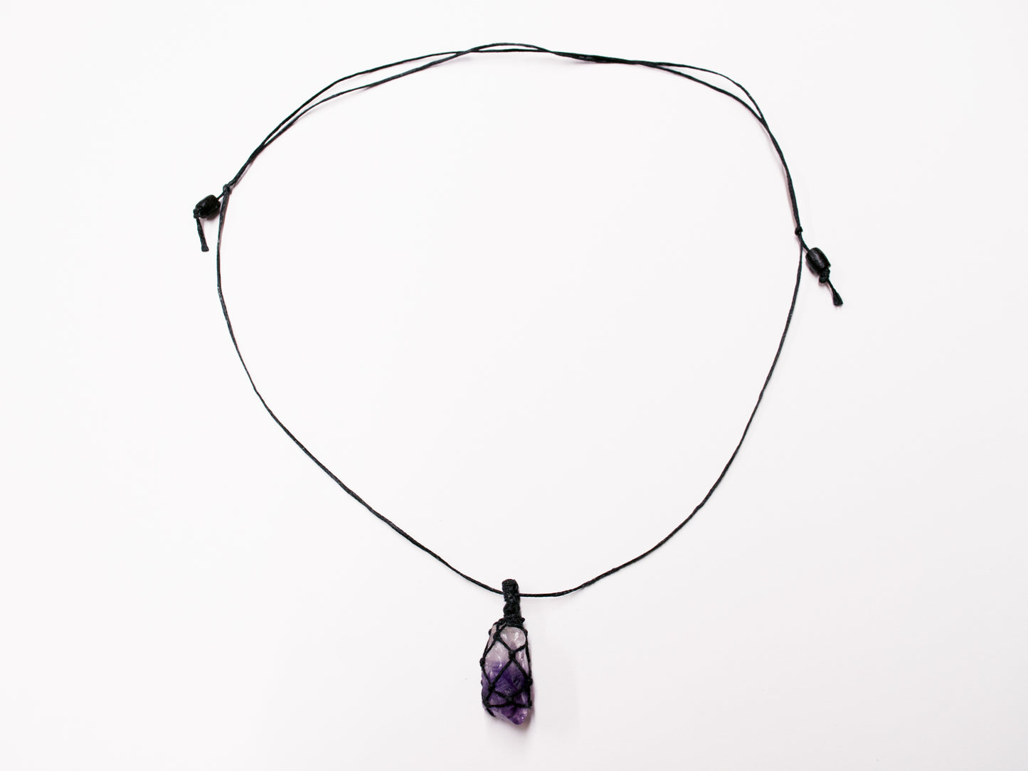 Amethyst Point Crystal Pendant / Macrame Wrap Chord Necklace / Knotted in Black Cotton on Adjustable Length Chord