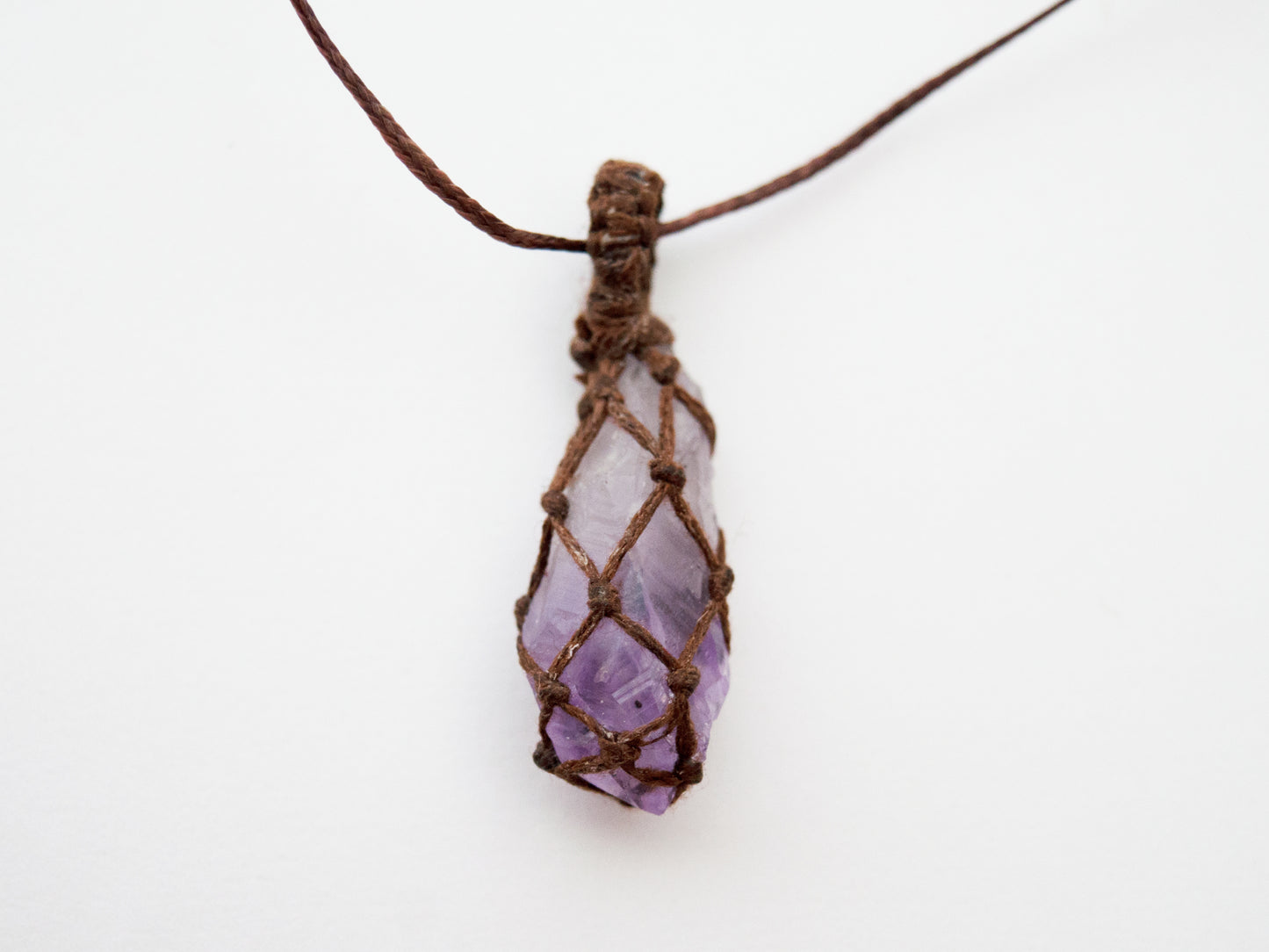 Amethyst Point Crystal Pendant / Macrame Wrap Chord Necklace / Knotted in Brown Cotton on Adjustable Length Chord