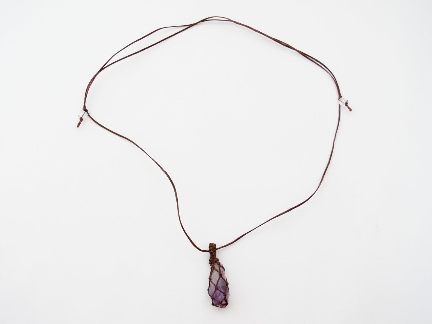 Amethyst Point Crystal Pendant / Macrame Wrap Chord Necklace / Knotted in Brown Cotton on Adjustable Length Chord