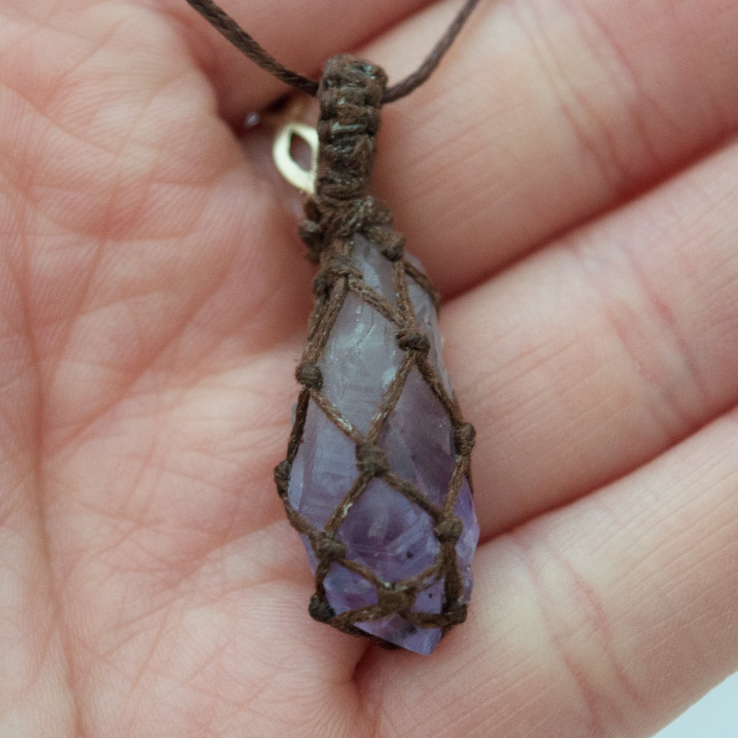 Amethyst Point Crystal Pendant / Macrame Wrap Chord Necklace / Knotted in Brown Cotton on Adjustable Length Chord