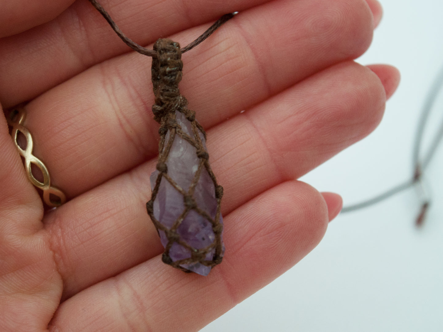 Amethyst Point Crystal Pendant / Macrame Wrap Chord Necklace / Knotted in Brown Cotton on Adjustable Length Chord