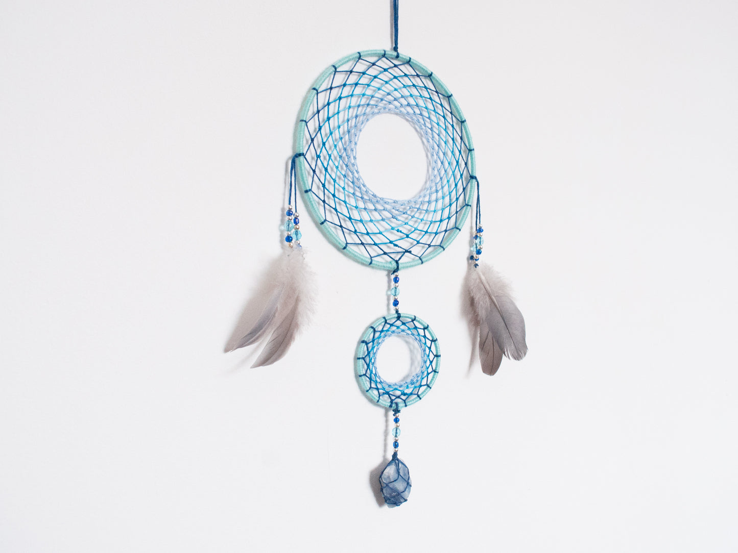 6" Baby Blue Celestite Crystal Double Dreamcatcher Wall Hanging