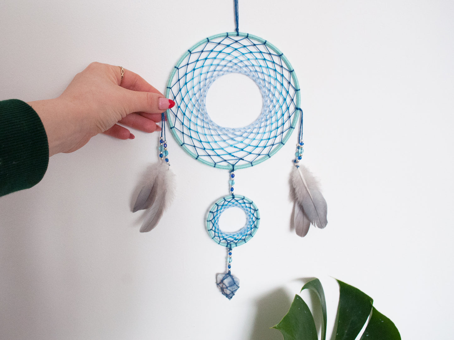 6" Baby Blue Celestite Crystal Double Dreamcatcher Wall Hanging