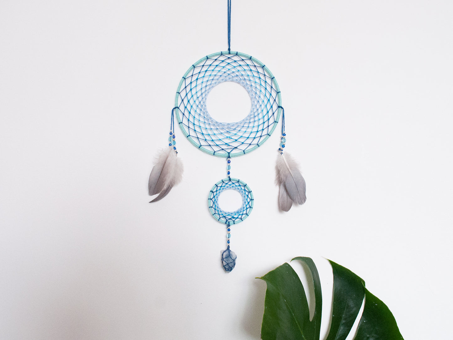 6" Baby Blue Celestite Crystal Double Dreamcatcher Wall Hanging